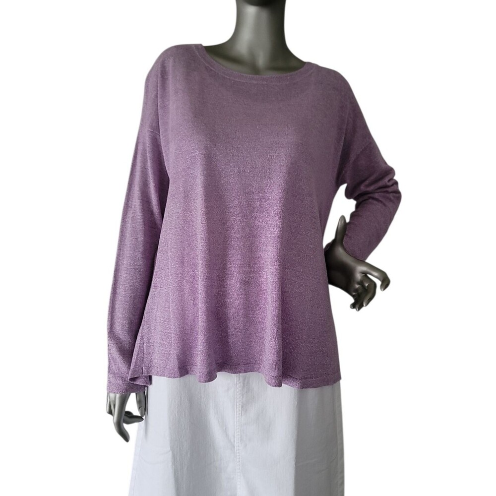 Eileen Fisher Jewel Neck Long Sleeve Hi- Low In Hemp Delavé Top Small